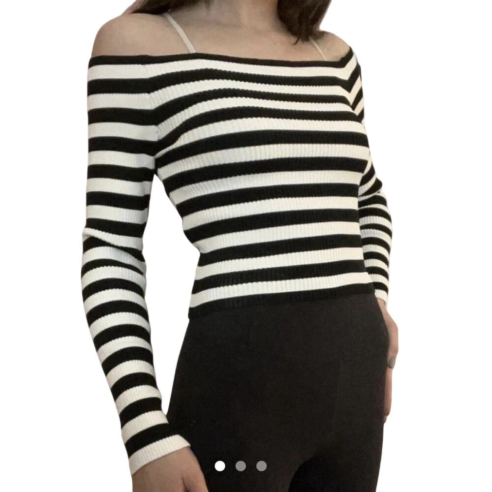 Silence & Noise Black White Stripe Ribbed Off Shoulder Crop Top Stretch Small
